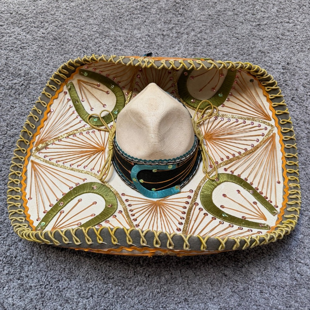 Vintage Mariachi Sombrero Charro Horseshoe Embroidered Sequins Straw Hat Mexico